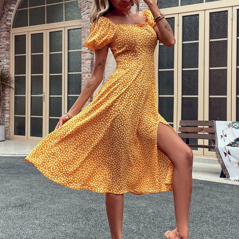 Red Boho Floral Print Puff Sleeve Slit Midi Dress - Picture 7 of 16